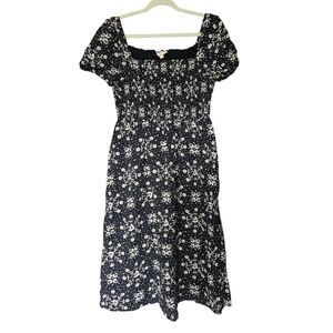 Women's Loft Short Sleeve Navy & White Floral Dress Medium Elastic Bodice